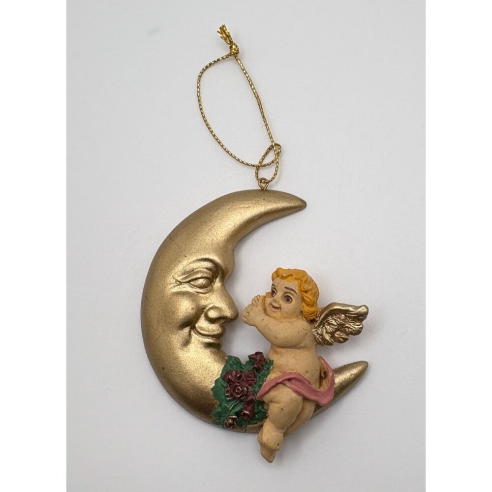 Victorian Cherub Angel On Crescent Moon Christmas Tree Ornament Gold Vintage